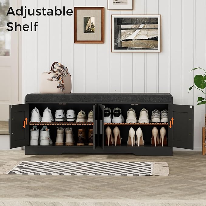 Homleke 2-Tier Storage Bench, Shoe Bench with Thickened Padded Seat Cushion, Entryway Bench with 4 Doors, Adjustable Shelf, 13.8" D x 45.3" W x 18.5" H, for Entryway, Living Room, Bedroom, Black