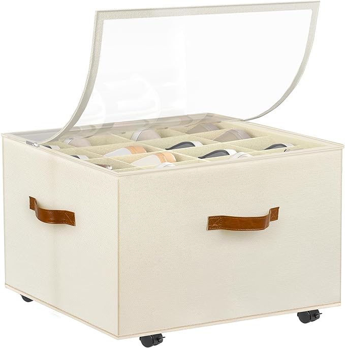 Foyego Shoe Organizer for Closet, Shoe Storage Organizer with Wheels and Adjustable Dividers, Stackable Shoe Storage Box with Clear Cover, Foldable Closet Shoe Organizer Fits up to 16-32 Pairs, Beige