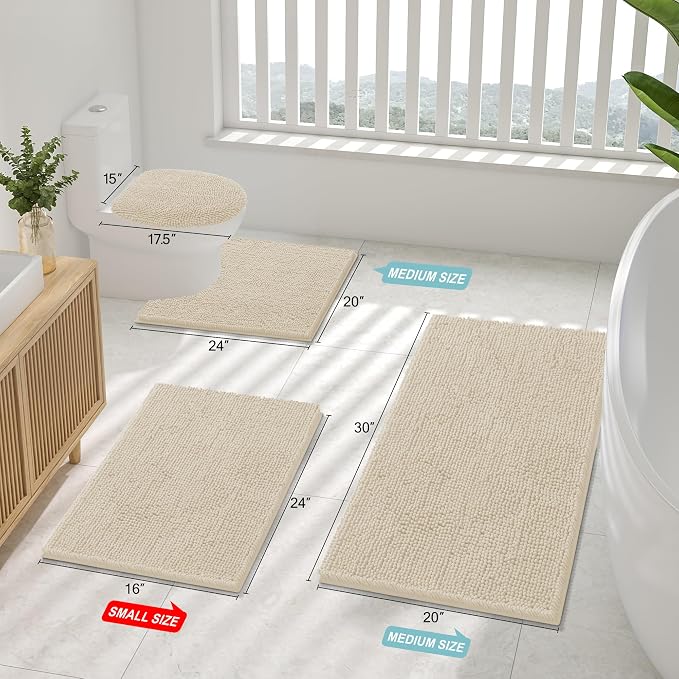 Smiry Luxury Chenille Bathroom Rugs 30x20, Extra Soft and Absorbent Shaggy Bath Mat, Machine Washable, Non-Slip Plush Carpet Runner for Tub, Shower, and Floor, Home Decor Accessories, Sand