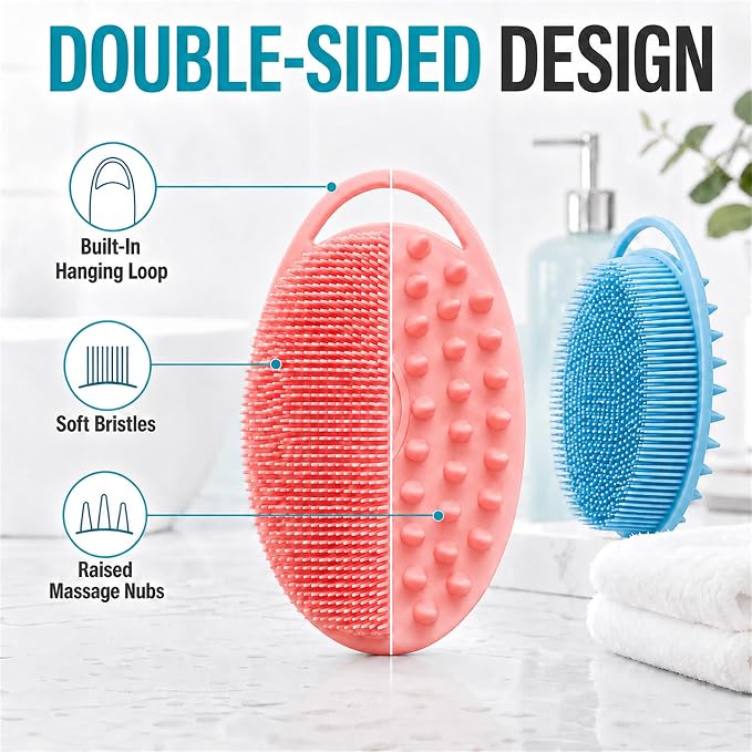 2 Pack Silicone Body Scrubber, Loofah Double-Sided Body Brush,Shower Scrubber and Scalp Massager Shampoo Brush for Sensitive Kids Women Men All Kinds of Skin (Pink & Blue)