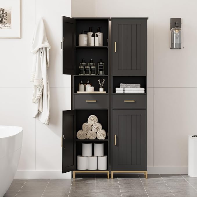 Homhedy 67" H Bathroom Storage Cabinet, Tall Storage Cabinet with Adjustable Shelves, Freestanding Cabinet with Doors and Drawer, Narrow Cabinet for Bathroom, Living Room, Kitchen, Dining Room, Black