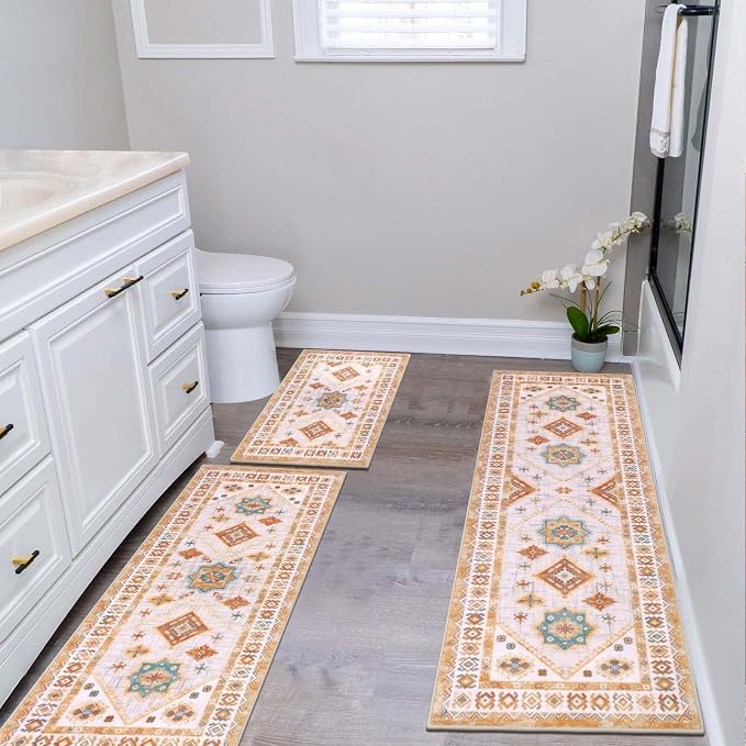 HEBE Boho Kitchen Rug Sets 3 Piece with Runner Non Slip Kitchen Rugs and Mats Washable Kitchen Mats for Floor Thick Kitchen Floor Mat Carpet Runner Rugs for Hallway Laundry Holiday Decor