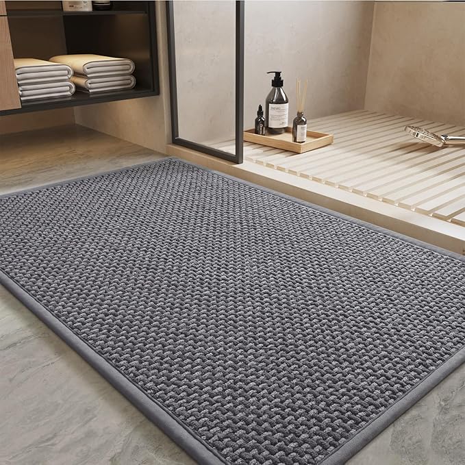 PADOOR-Bath Mat-Super Absorbent Chenille Bathroom Mats-Rubber Backed Bath Mats for Bathroom Non Slip, Easy Clean Bathroom Rugs Front of Bathtub,Shower Room,Sink-17×28, Grey&Darkgrey