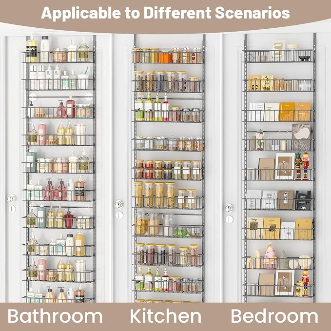 ElegantArray 9-Tier Pantry Door Oragnizer, Over The Door Pantry Organizer Rack and Storage, Hanging Spice Rack Shelves Door, Home Office Laundry Room Bathroom & Kitchen Organization, Light Gray