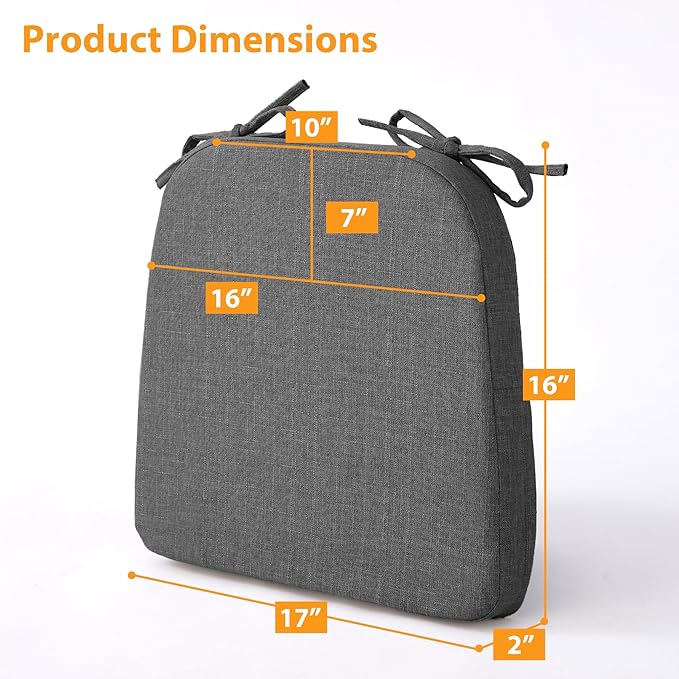 Ruqmuis Chair Cushions for Dining Chairs, 2" Thick Seat Cushions for Kitchen Chairs, D-Shaped Chair Pads with Washable Cover, Ties and Non Slip Backing, 17'' x 16'', Set of 2, Dark Grey