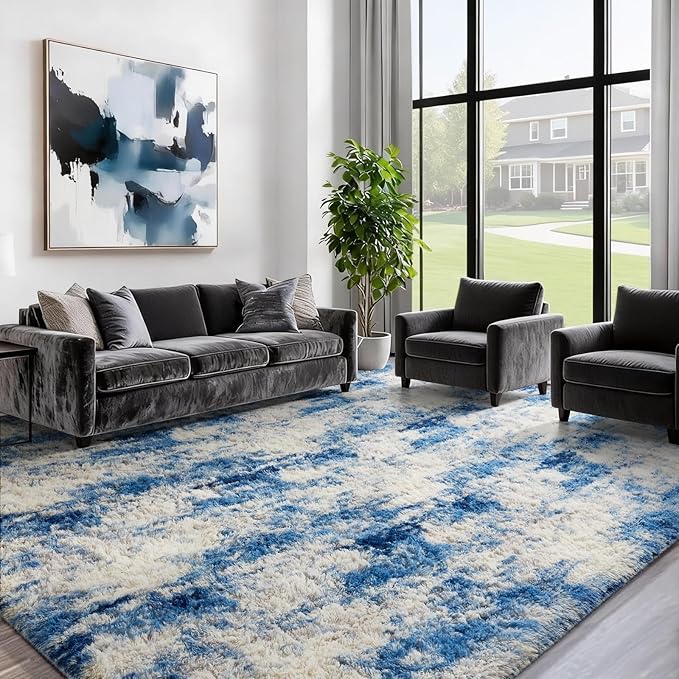 Ophanie 6x9 Blue and Gray Area Rugs for Living Room, Large Navy Grey White Fluffy Shag Fuzzy Plush Soft Carpets, Floor Shaggy Rugs for Bedroom, Carpet for Kids Boys Dorm Nursery Home Decor Aesthetic
