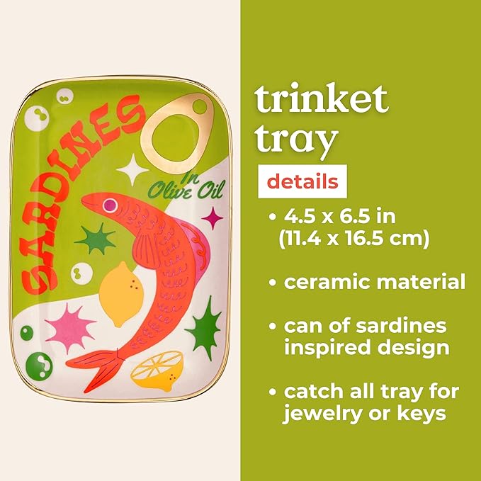 ban.do Novelty Trinket Tray, Ceramic Jewelry Dish, Small Decorative Tray for Keys or Decor, Cute Catchall Tray, Sardines