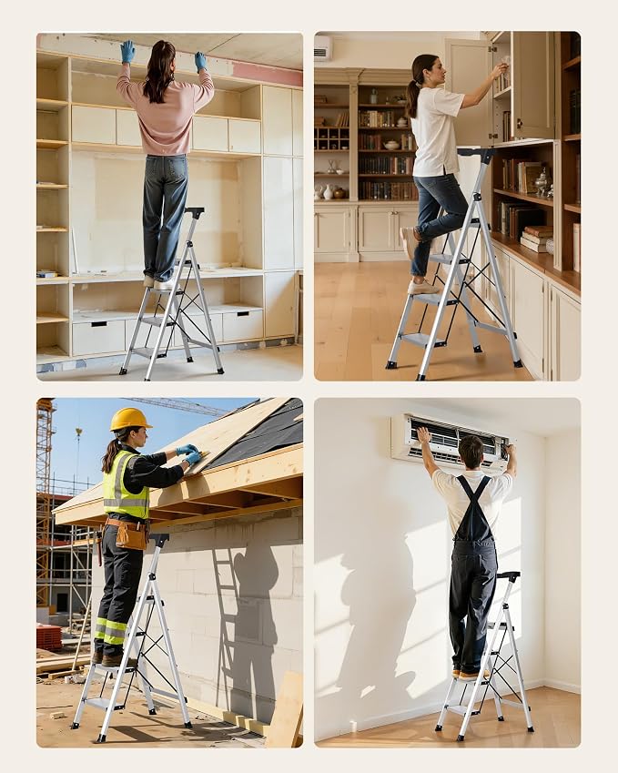 VEVOR 4 Step Ladder, Folding Step Stool with Wide Anti-Slip Pedal and Comfort Handgrip, 330 lbs Capacity Portable Aluminum Stepladder, Multi-Use for Kitchen, Home, Warehouse and Office, Silver