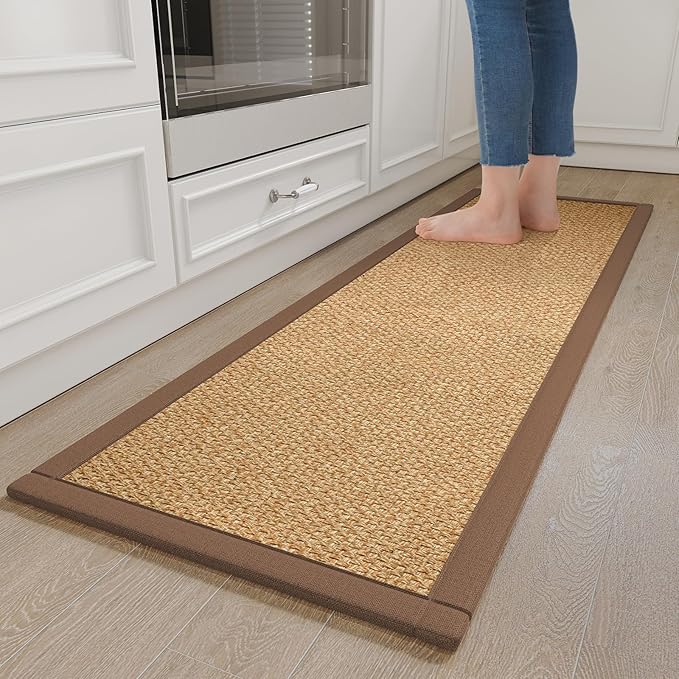 YDKGL Kitchen Runner Rugs Non Slip Washable Anti Fatigue, Super Absorbent 0.4" Thick Cushioned Long Kitchen Mats for Floor, Jute-Look Sink Floor Mat Laundry Standing Mat, Easy Clean, Brown 17"x59"