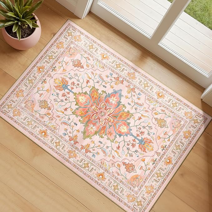 RELEANY Area Rugs Small 2'x3' Washable Non-Slip, Floral Vintage Distress Medallion Carpet for Kitchen Entryway Bathroom, Light Pink Colorful