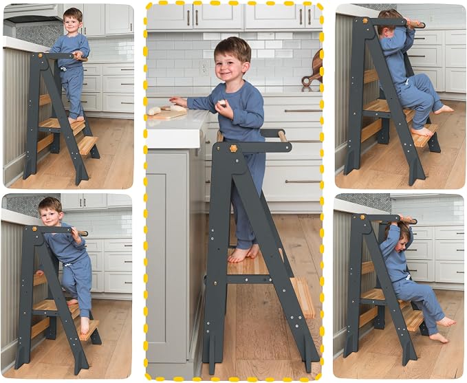 OCODILE Adjustable Foldable Toddler Tower – Folding Tower for Kids | Montessori Toddler Kitchen Step Stool Helper for Independence - Gray