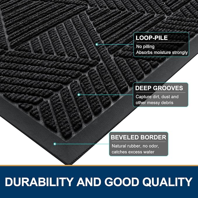 Smiry Half Circle Front Door Mat Outside Entrance, Heavy Duty Sturdy Natural Rubber Doormat, Trap Dirt and Moisture, Low Profile Mats for Indoor Outdoor Entry, Irregular Triangle (29.5x17, Black)