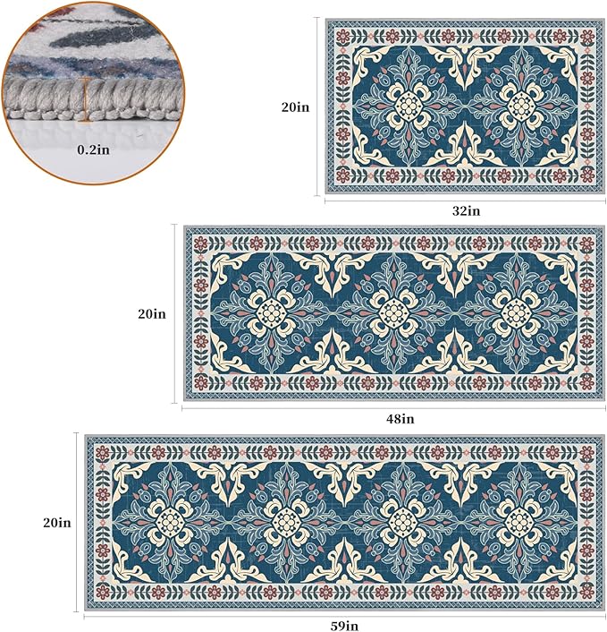 3-Piece Kitchen Rugs, Non-Slip & Washable Floor Mats, Water-Absorbent Area Pad, Standing Desk Mat for Office, Home, Doorway, Laundry, Kitchen Accessories (Retro Blue)