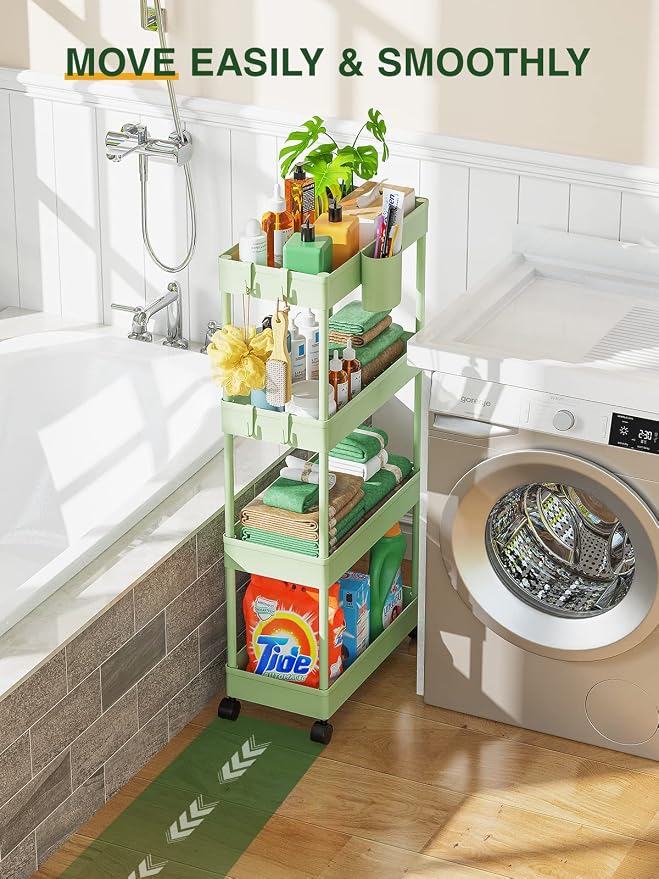 LEHOM Slim Rolling Storage Cart - 4 Tiers Bathroom Organizer Utility Cart Slide Out Storage Shelves Mobile Shelving Unit for Kitchen, Bedroom, Office, Laundry Room, Small Narrow Spaces（7.1" W+Green）