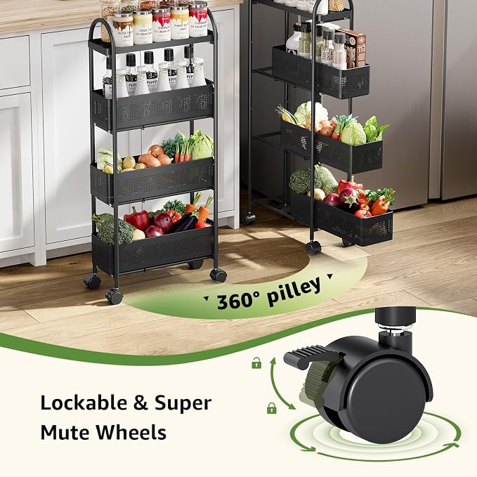 KINGRACK 4-Tier Slim Storage Cart with 3 Pull Out Basket, Rolling Bathroom Organizer Utility, Metal Shelving Unit Slide Out, Lockable Wheels, Easy Assembly for Narrow Place, Kitchen, Office, Black