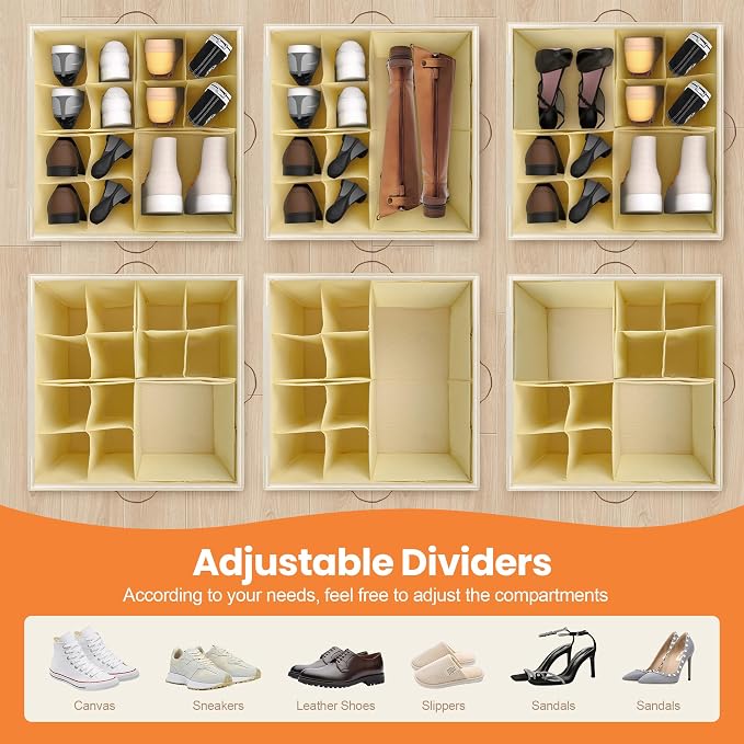 Foyego Shoe Organizer for Closet, Shoe Storage Organizer with Wheels and Adjustable Dividers, Stackable Shoe Storage Box with Clear Cover, Foldable Closet Shoe Organizer Fits up to 16-32 Pairs, Beige