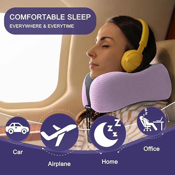 napfun Neck Pillow for Traveling, Upgraded Travel Neck Pillow for Airplane 100% Pure Memory Foam Travel Pillow for Flight Headrest Sleep, Portable Plane Accessories, Light Purple