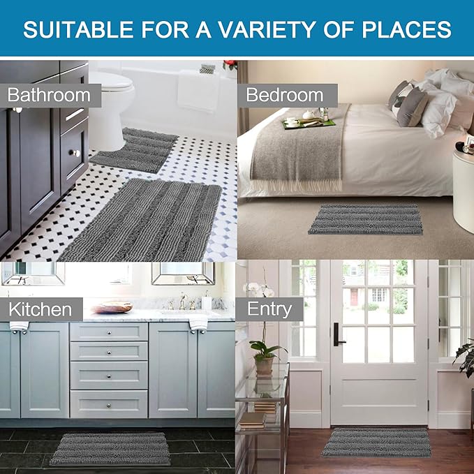 H.VERSAILTEX Bathroom Rugs Bath Rug Set 2 Piece Bathroom Contour Rug Toilet Mat Sets Non Slip Contour Bath Rug Ultra Thick Water Absorbent Striped Bath Mats Washable(36" x 24" Plus 20" x 24" U, Grey)