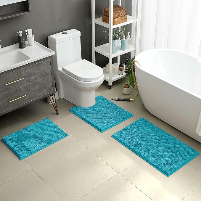 HOMEIDEAS 3 Pieces Bathroom Rugs, Extra Large Ultra Soft Non Slip Absorbent Chenille Toilet Bath Mat Set (Teal Blue)