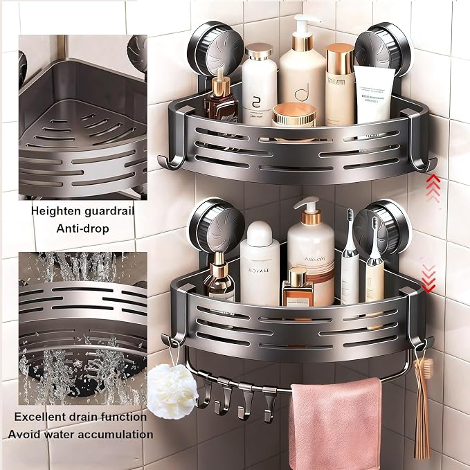 2Pcs Corner Shower Shelves,Caddy Suction Cup,Shampoo Holder,Bathroom Organizer Shower Storage with Towel Bar Hooks,No Drilling,Save Space,Rust-Resistant
