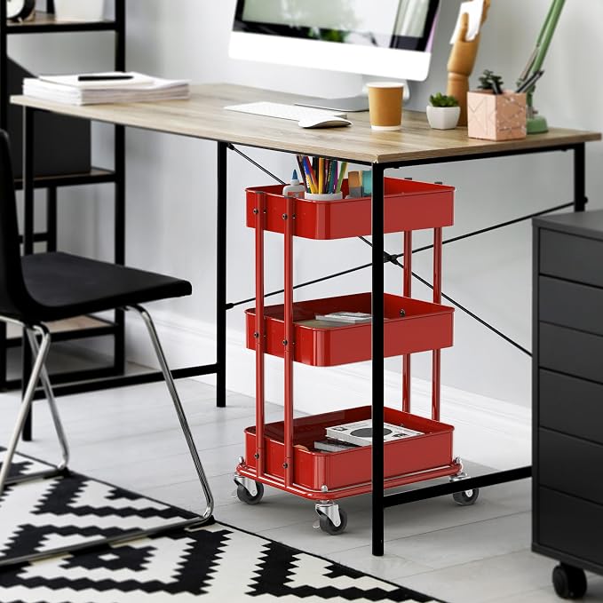 Simple Houseware 3-Tier Compact Utility Rolling Cart, Low 24” Height Fits Under Desk, Space-Saving Storage for Home Office, Dining Room, or Kitchen, Red