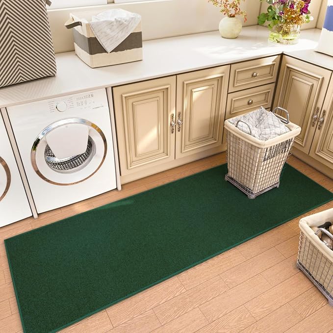 Runner Rug with Non Slip Rubber Backing, Washable Soft Floor Carpet for Kitchen, Hallway, Entryway Indoor, Bedroom, Laundry, Low Pile Area Rugs, Solid Color with Pointillism Style (Green, 2' * 6')