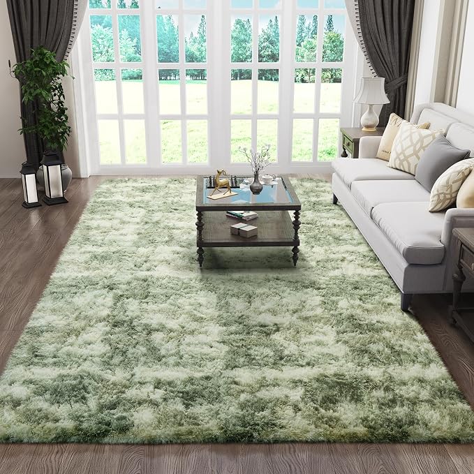 Ophanie 6x9 Green and White Area Rugs for Living Room, Large Sage Green Fluffy Shag Fuzzy Plush Soft Carpets, Floor Shaggy Rugs for Bedroom, Carpet for Kids Girls Dorm Nursery Home Decor Aesthetic