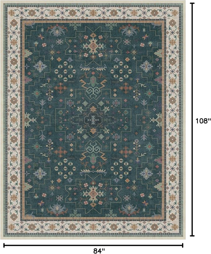 Hazo Haus Vintage Dark Green 7x9 Dining Room Rugs for Under Kitchen Table - Washable Livinig Room Rug - Unique Floral Pastel Low Pile Non-Slip Area Rugs for Bedroom