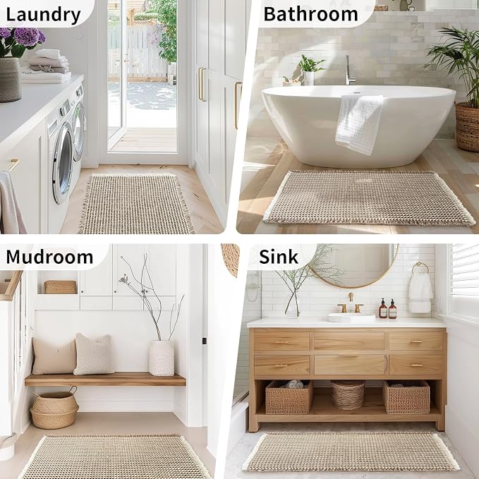 Waffle Bath Mat - Boho Bathroom Rugs Non Slip Washable, Super Absorbent & Quick Dry, Soft Bath Mat Farmhouse Bathroom Decor, 20'' x 32'', Khaki and White