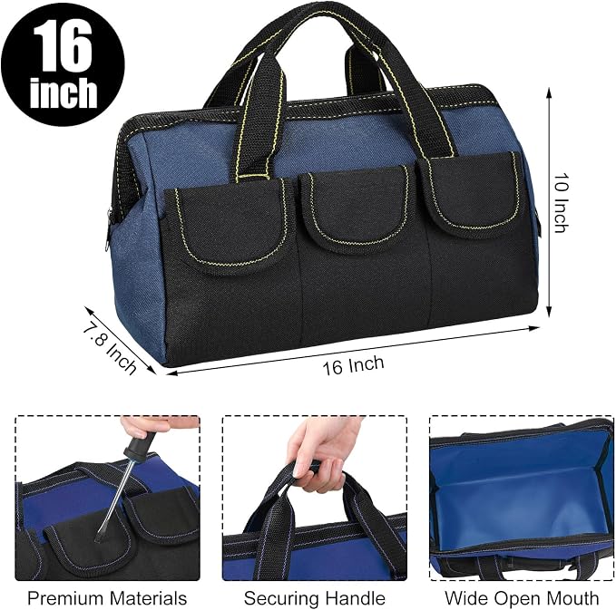 Sanwuta 3 Pack Tool Bag for Men with Waterproof Hard Bottom, Heavy Duty Tool Bag Wide Mouth Tote for Various Instrument, Electrician Carpenter Mechanic(Blue,16 Inch,Classic)