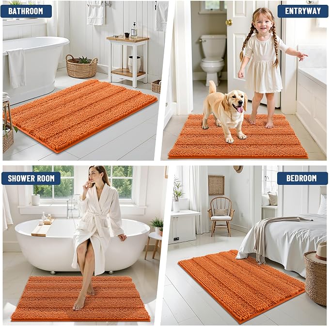 Grandaily Chenille Striped Bathroom Rugs 30x20, Extra Thick and Soft Absorbent Bath Mats, Rubber Backing, Plush Shaggy Shower Carpet, Machine Wash Dry, Bath Rug for Bathroom, Clay