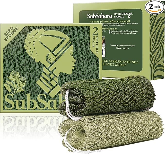 SubSahara Authentic African Net Sponge - 2 Pack Exfoliating Bath & Shower Loofah Sponge for Body & Face, Gentle Scrubber for All Skin Types, Travel, Durable Polyester (Olive Green & Light Green)