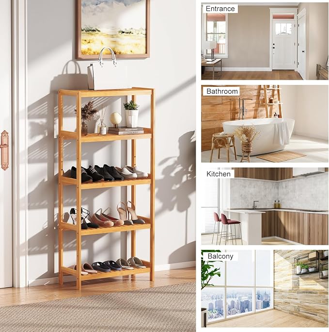 kinbor 5-Tier Bamboo Bathroon Shelf - Multifunctional Bamboo Rack Storage Shelving Rack Utility Shelf for Bathroom Kitchen Living Room