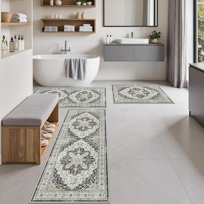 Madane Washable Kitchen Rug Set of 3, Small Area Rug Non-Slip Vintage Entryway Door Mat Indoor Entrance, Low Pile Floor Carpet Runner for Inside Front Door Entry Laundry (2x3+2x4+2x5, Black)