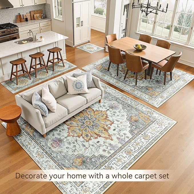 RELEANY Area Rugs 5'x8' Washable Non-Slip, Floral Vintage Distress Medallion Carpet for Living Room Bedroom Dining Room, Beige Carbon Grey Orange