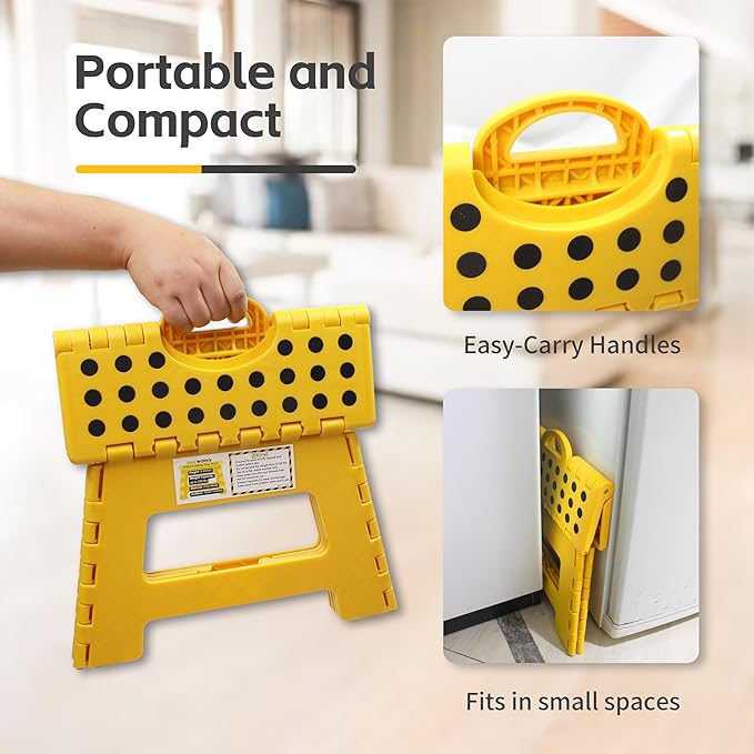 MaxWorks 50969 Folding Step Stool - 9" Height, 330 lbs Capacity - 16 Steel Rods for Enhanced Strength - Lightweight, Durable Plastic Stool for Kitchen, Bathroom, Living Room - Yellow