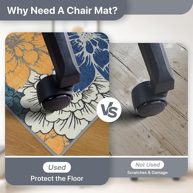 48"x60" Office Chair Mat for Hardwood Tile Floor, Under Desk Carpet Protector for Rolling Computer Chair Mat, Machine Washable Area Rug, Anti-Slip 1/5" Thick Low Pile Thin Vinyl Floor Mat, Navy Yellow