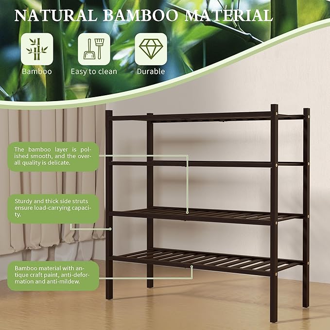 ROMGUAR CRAFT 4 Tier Bamboo Shoe Rack for Closet Free Standing Wood Shoe Shelf for Entryway Small Space Stackable 27"x11"x26" (Brown)