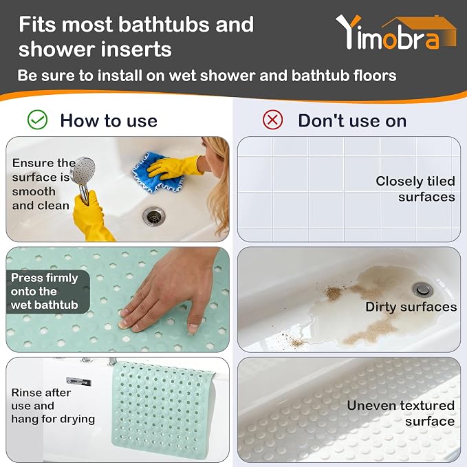 Yimobra Bathtub Shower Mat 27.5 x 15.5, Non Slip Bath Mats for Tub Floor with Drain Hole and Suction Cups, Soft on Feet, Machine Washable, Easy Dry, Light Green