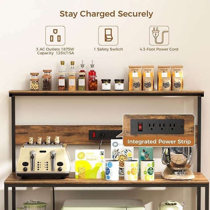 VUSIGN Kitchen Bakers Rack with Power Outlet, 4 Tiers Microwave Stand with Storage, 39.4 Inch Coffee Bar Station with 6 S Hooks, Adjustable Bakers Rack with Storage for Spices/Pans/Pots, Rustic Brown