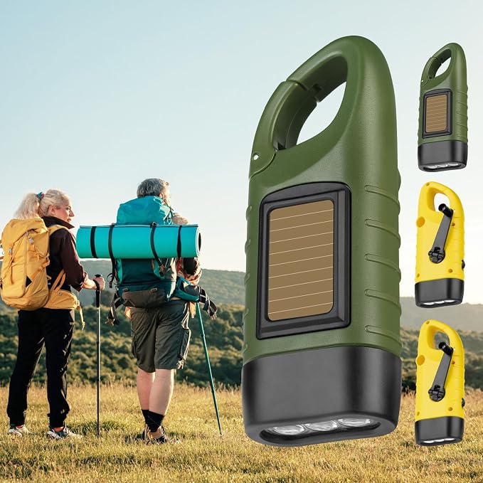 SEANCHEER Hand Crank Solar Powered Flashlights,Compact Emergency LED Flashlight Handheld Survival Flashlight,Quick Snap Carbiner Dynamo Flashlight for Outdoor,Sports,Hiking-4 Packs