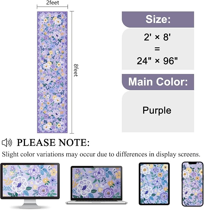 DUKINO 2x8 Runner Rug for Hallway, Washable Kitchen Runner Rug with Rubber Backing Non Slip, Low Pile Soft Boho Floral Thin Carpet for Entryway, Hallway, Bathroom, Laundry Room, Purple