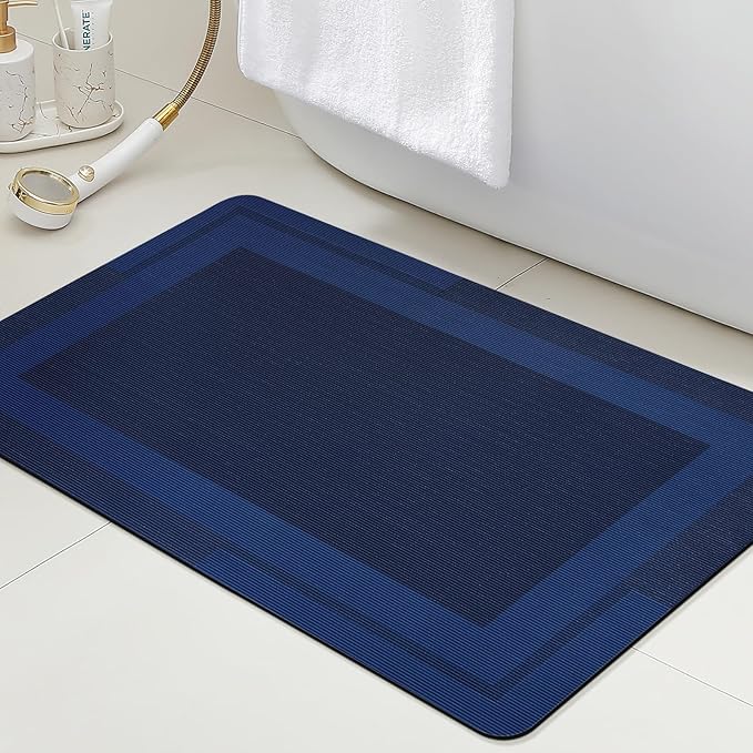 ACCUMTEK Non Slip Bath Mat, Thin Bathroom Rugs Fit Under Door, Quick Dry Bath Mats, Machine Washable Bath Rugs for Bathroom, Bathtub & Kitchen, Bathtub, Dark Blue/Bordered/32 x20