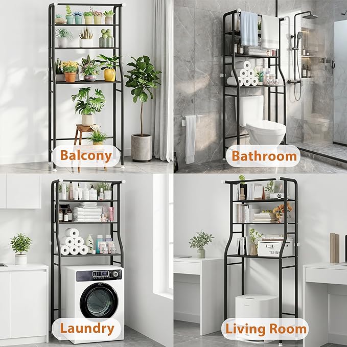 UDEAR 3-Tier Over The Toilet Rack,Bathroom Shelf Space Saver,Corner Stand Storage Organizer Accessories,the Washing Machine,with Hanging Rod,Tower Shelf,Black
