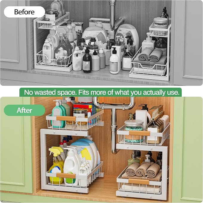 Under Sink Organizer, 2 Pack 2 Tier Expandable Height Under-Sink Bathroom Kitchen Organizers And Storage