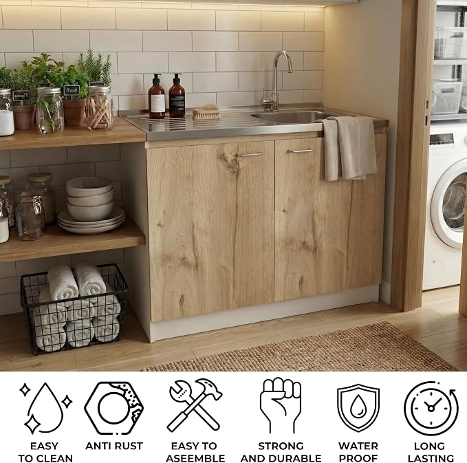 Tuhome Napoles Utility Sink Base Cabinet with Integrated Stainless Steel Countertop, Freestanding Cabinet with Double Doors, Interior Shelf for Laundry Room, Utility Room, Mudroom or Kitchen