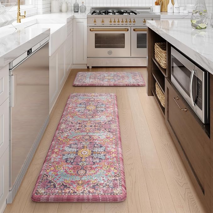 KIMODE Anti Fatigue Kitchen Mat, 17"x47"+17"x29" Boho Vintage Kitchen Rugs Sets of 2, Non-Slip Kitchen Mats for Floor, Cushioned Kitchen Floor Mats for Sink, Laundry, Office, Desk,Fuchsia/Multi
