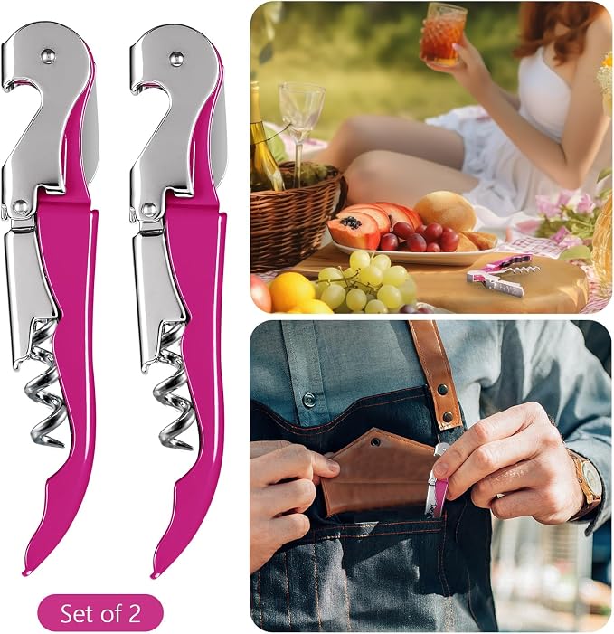 HYZ 2-Pack Wine Opener Waiter Corkscrew, Professional Wine Key for Servers, Bartender with Foil Cutter, Manual Wine Bottle Opener Double Hinged (Fuchsia)