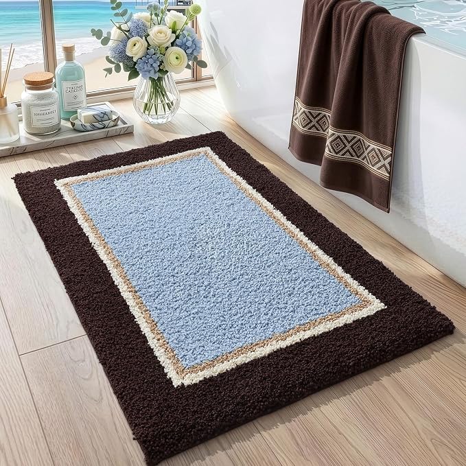 DEXI Bathroom Rugs 24x16, Absorbent Extra Soft Plush Microfiber Bath Mat for Bathroom, Non Slip Washable Bathmat Quick Dry for Shower Floor, Sink, Tub, Laundry Room, Brown and Light Blue