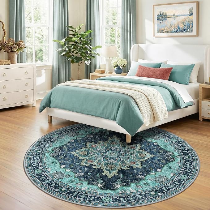 RELEANY Area Rugs Round 7ft Washable Non-Slip, Floral Vintage Distress Medallion Carpet for Living Room Bedroom Dining Room, Teal Green Lake Blue Turquoise